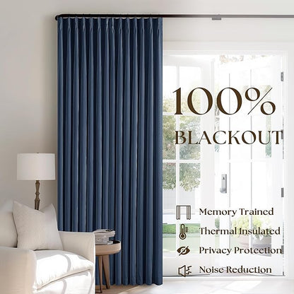 Navy Blue 100% Blackout Pinch Pleated Linen 63 Inch Curtains - Image 3