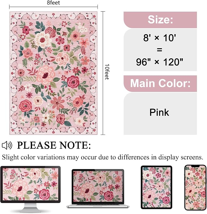 DUKINO 8x10 Area Rugs, Floral Washable Living Room Rug Non Slip, Stain Resistant - Image 2