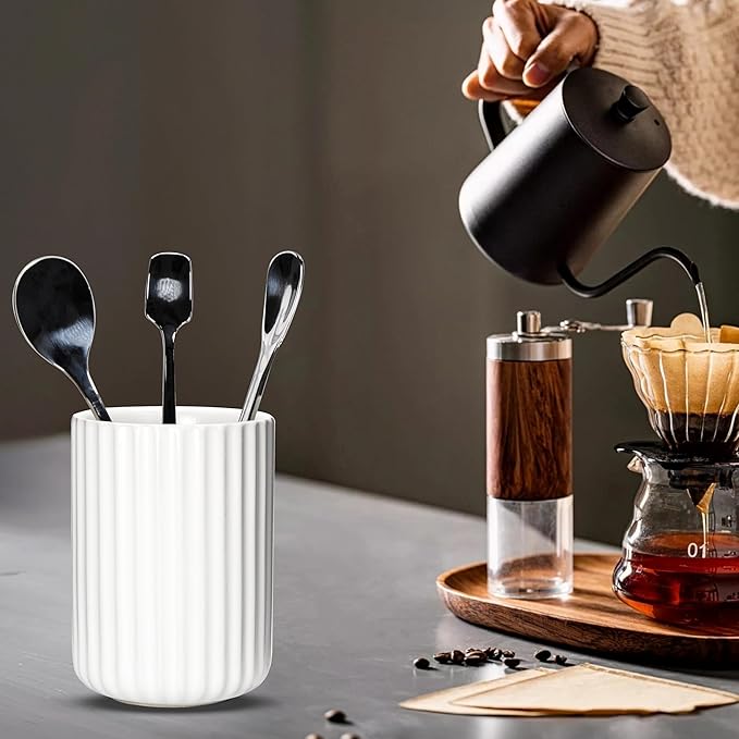 Ceramic Spoon Holder for Coffee Bar, Upright Tea Spoon Holder Cup, Coffee Stirrers Straws Stir Stick Holder, Fish Belly White Fluted Surface