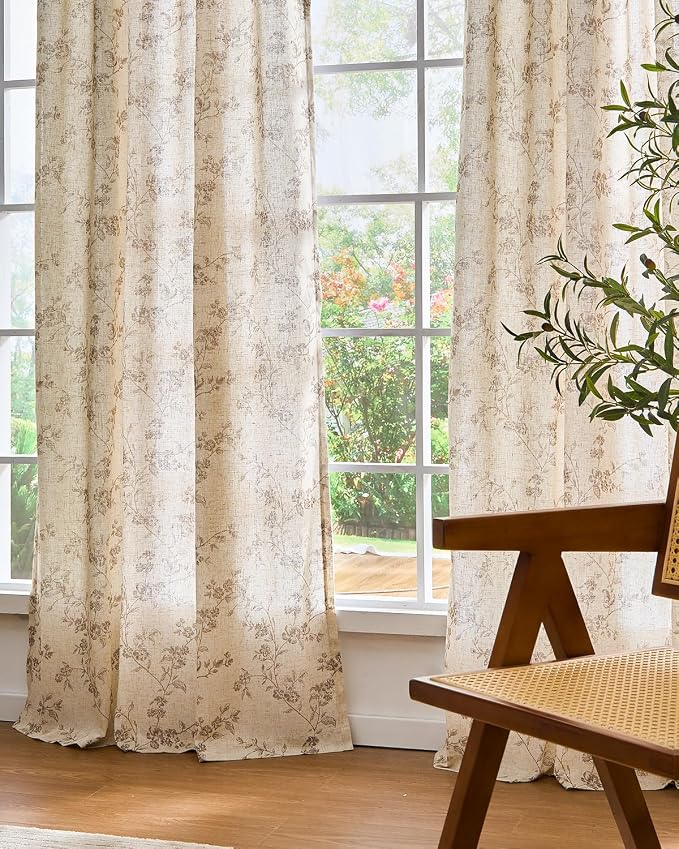 Extra Long Taupe Vintage Floral Linen Curtains Farmhouse 2 Panels | Elisa Series - Image 8