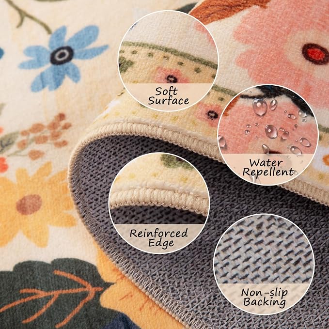 RELEANY Floral Washable Round 6ft Area Rug Ivory/Yellow | Flower Carpet Print - Image 3