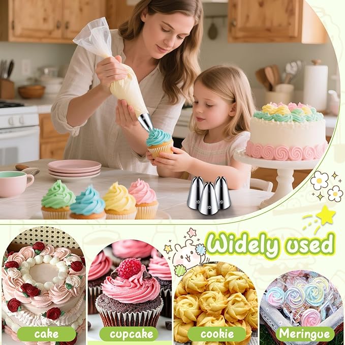 Hendiy 3pcs 2D Cake Piping Tips with 20 Piping Bags, Large Piping Nozzles Decorating Tips, Cake Baking Tools for Cookie Icing Cupcakes, Buttercream,Birthday Cake, Cupcake, DIY Art