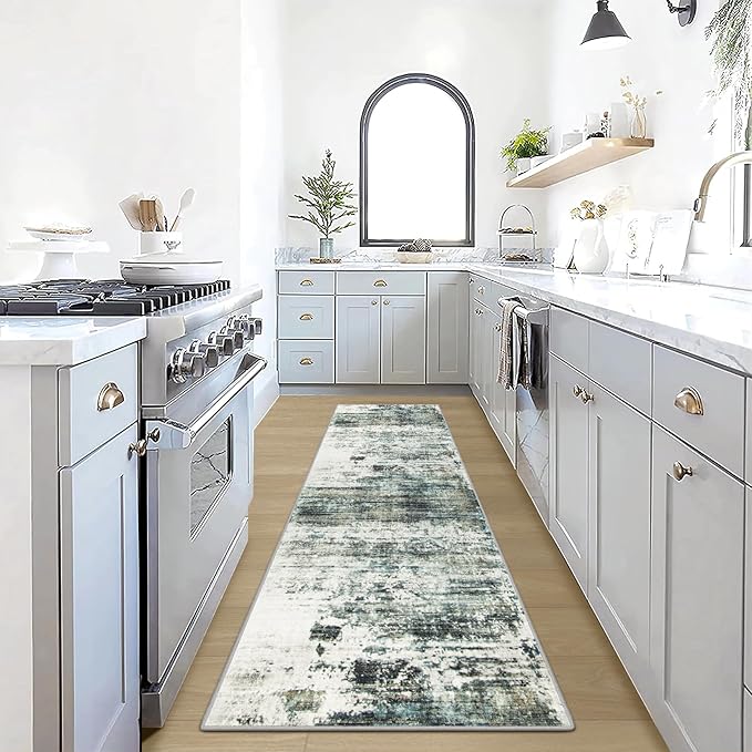 2'6''x8' Runner Rugs Washable Rug:Modern Abstract Hallway Teal Green Carpet | by GENTDRIZZ