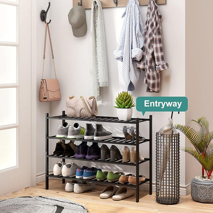 viewcare Black 4-Tier Long Shoe Rack, Bamboo Wood - Image 2