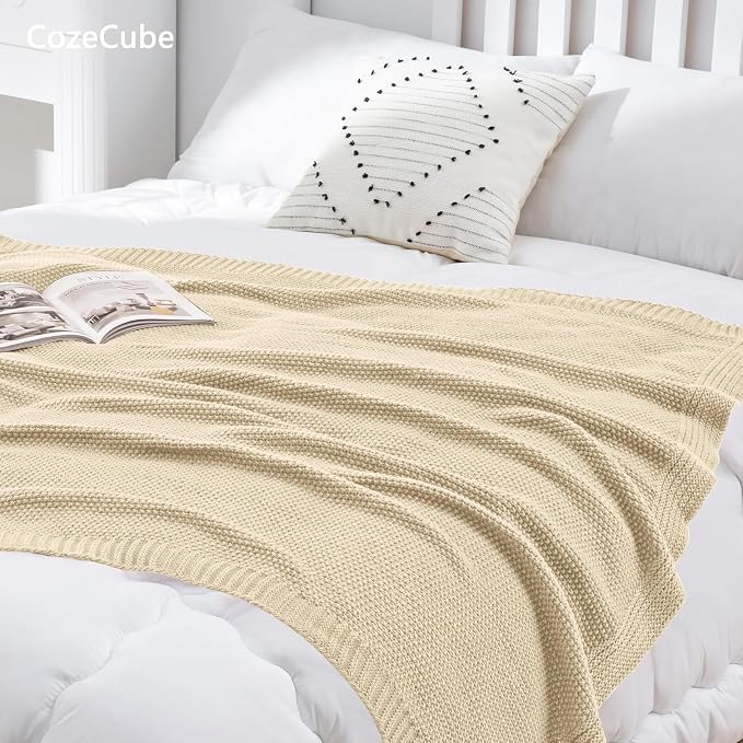 CozeCube Light Beige Seed Stitch Throw Blanket 60"x80", Farmhouse Decor | - Image 2