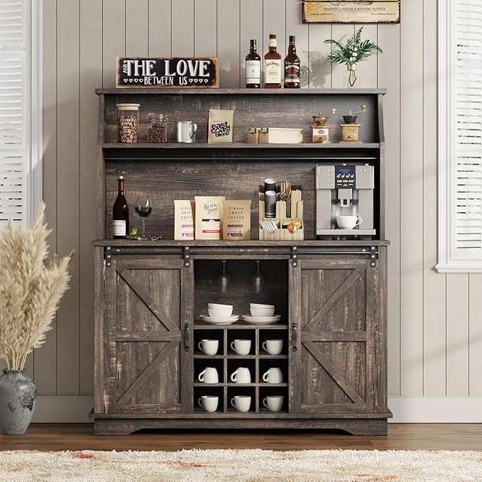 47 Inch Farmhouse Coffee Bar Cabinet with 3-Tier Storage, Kitchen Hutch with 9 Wine Racks & 3 Glass Holders, Coffee Bar with 6 Hooks, Wine Bar Cabinet for Dining Living Room, Rustic Oak