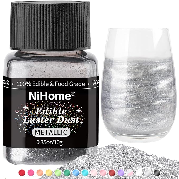 NiHome Edible Food-Grade Glitter Powder Glimmer Luster Dust Metallic Fancy Food Decorating Sprinkle Glimmery Dust for Drink Wine Beverage Cake Bakery Vegan Allergen-Free (Metallic, 0.35oz/10g)