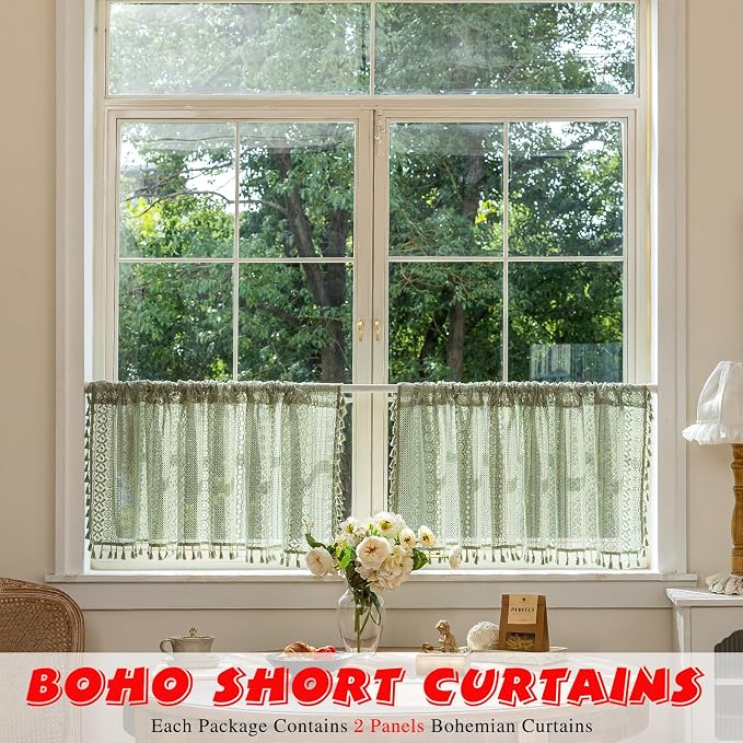 Sutuo Home Sage Green Sheer Boho Short Curtains Valance - Image 2