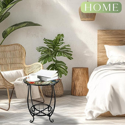 Cinnvoice Outdoor Side Table Round Small Mosaic Patio Accent Indoor End Plant - Image 5