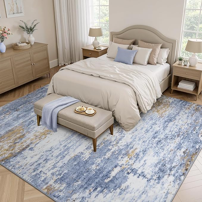 8x10 Area Rug for Living Room, Abstract Washable Large Rugs, Light Blue | - Image 2