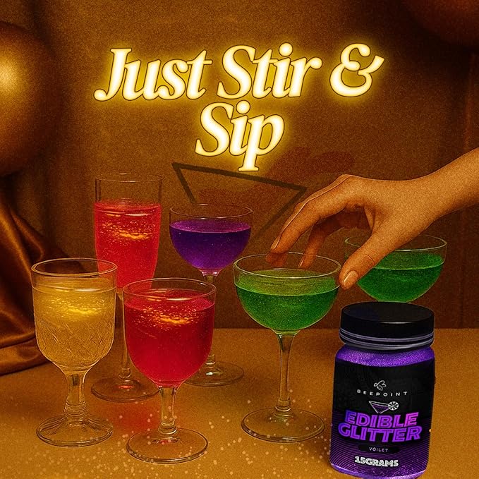 BeePoint Violet Edible Glitter for Drinks 15g - Food Grade, Vibrant Color Shimmer Powdered Dust for Drinks, Cocktails, Cake Decorating, Baking, Chocolates, Candy, Sweets, & Cookies - Vegan & Gluten Free