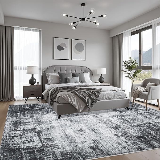 Area Rug Living Room: 4x4 Modern Washable Soft Carpet Dark Black | - Image 3