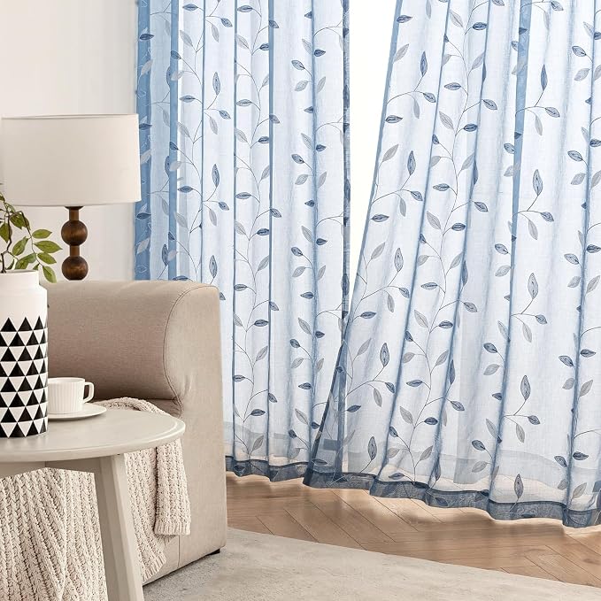 MIULEE Dusty Blue Sheer Curtains 2 Panels Leaf Patterned, W52 x L96 | - Image 3