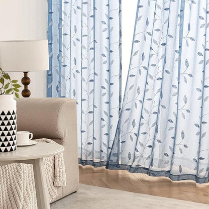 MIULEE Dusty Blue Sheer Curtains 2 Panels Leaf Patterned, W52 x L63 | - Image 3