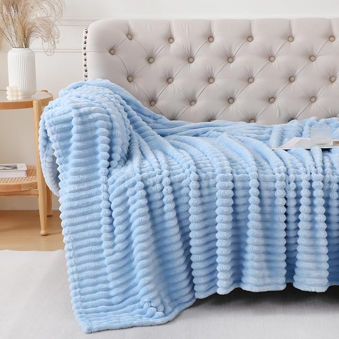 Light Blue Throw Blanket for Couch Sofa 50x70 inches Striped Design | Fleece - Image 3