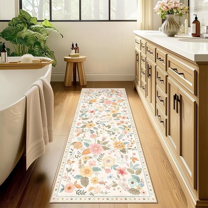 Floral Washable 2x6 Area Rugs Runner Entryway Hallway Beige/White/Orange | - Image 3