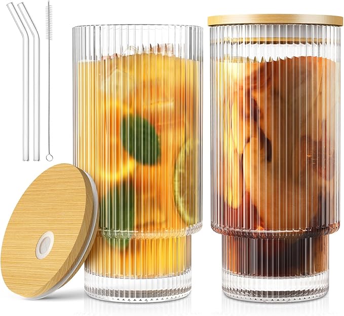 16OZ Glass Cups with Lids and Straws, Vintage Glassware for Whiskey Cocktail Beer, Iced Coffee Cups with Lid, Glass Tumbler with Straw and Lid (2 PACK)