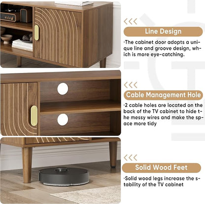 Smuxee Walnut TV Stand with Line Groove Design, 47.2" Mid Century Modern TV - Image 5