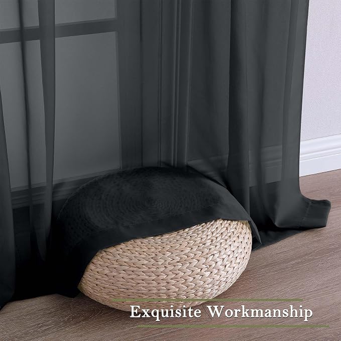 Black Sheer Curtains 90 Inches Long 2 Panels, Light Filtering Privacy Voile - Image 9