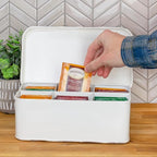 AuldHome Design Farmhouse Tea Bag Box (White), Vintage Retro Style Enamelware Tea Storage Tin