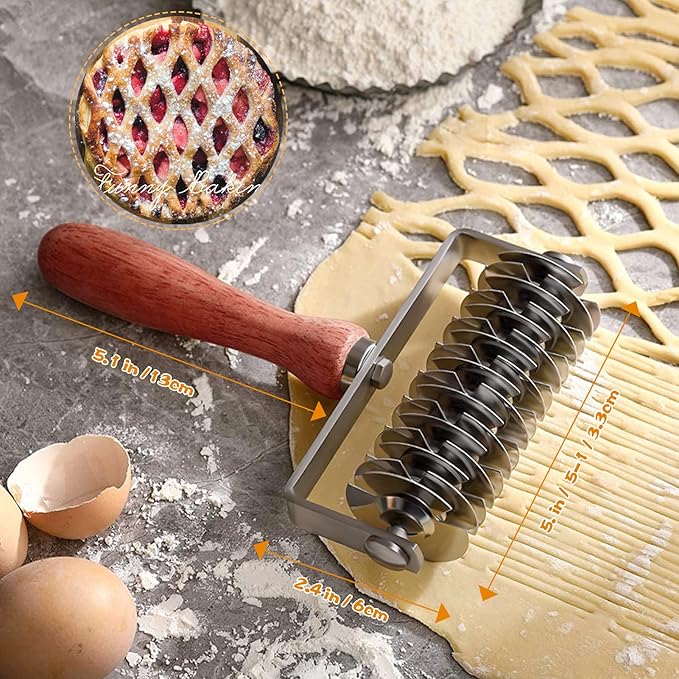 Stainless Steel Lattice Dough Cutter with Wood Handle, Pie & Pizza Pastry Roller maker, Bread Biscuit Maker