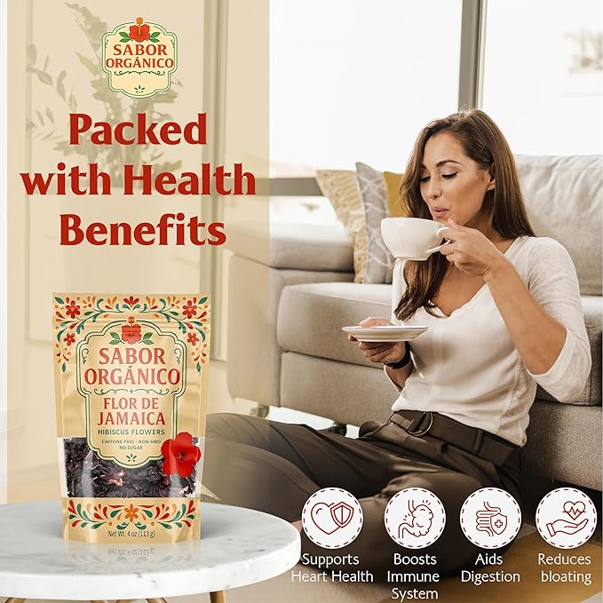 4oz Dried Hibiscus Flowers perfect for Tea and Mexican Agua de Jamaica | Flor de Jamaica Organica Natural | Flor de Jamaica Non-GMO, No Preservatives Resealable Stand-up pouches | by Sabor Orgánico