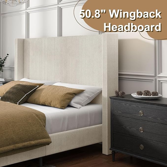HOWE King Size Bed Frame with 50.8" Tall Wingback Headboard, Modern Corduroy - Image 5