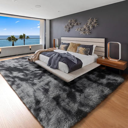 Area Rugs 9x12 Living Room, Tie-Dyed Dark Grey Large Fluffy Bedroom Rug - Image 2
