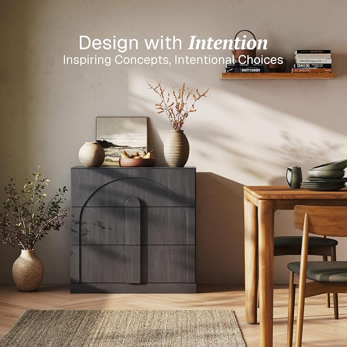 BELLEZE Sideboard Cabinet with 3 Drawers, Modern Wood Buffet Cabinet with Arc - Image 3