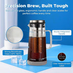 BrewMOO- Airtight Cold Brew Coffee Maker Pitcher, 1.0L/34Oz Thick Glass Carafe with Filter, Comfort Sturdy Handle & Wide Spout, Non-Slip Base | Iced Tea Maker (Grey)