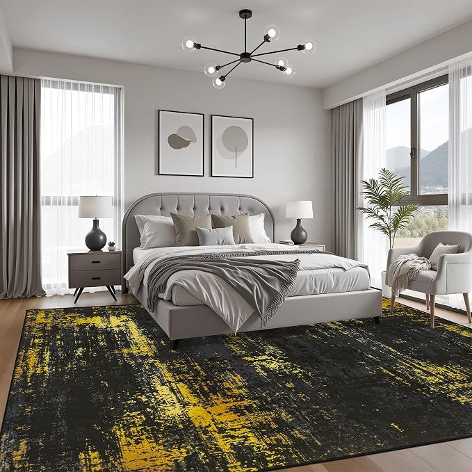 10x12 Area Rug Living Room: Modern Washable Soft Carpet Black Gold | - Image 3