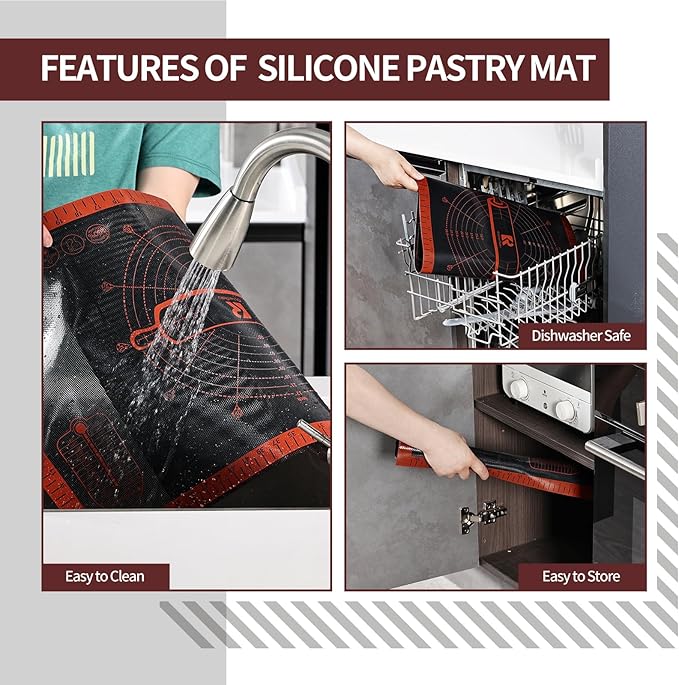 Silicone Pastry Mat Extra Large with Measurements 26''x16'' for Reusable,Non-slip Silicone Baking Mat, Counter, Dough Rolling, Oven Liner,Fondant/Pie Crust (Translucent_Red, 16''W x 26''L)