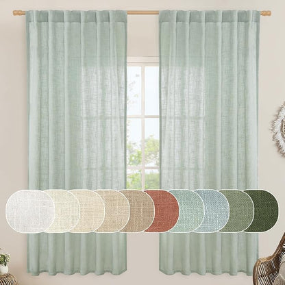 Light Sage Semi Sheer Linen Curtains 72 inch Length by LAMIT