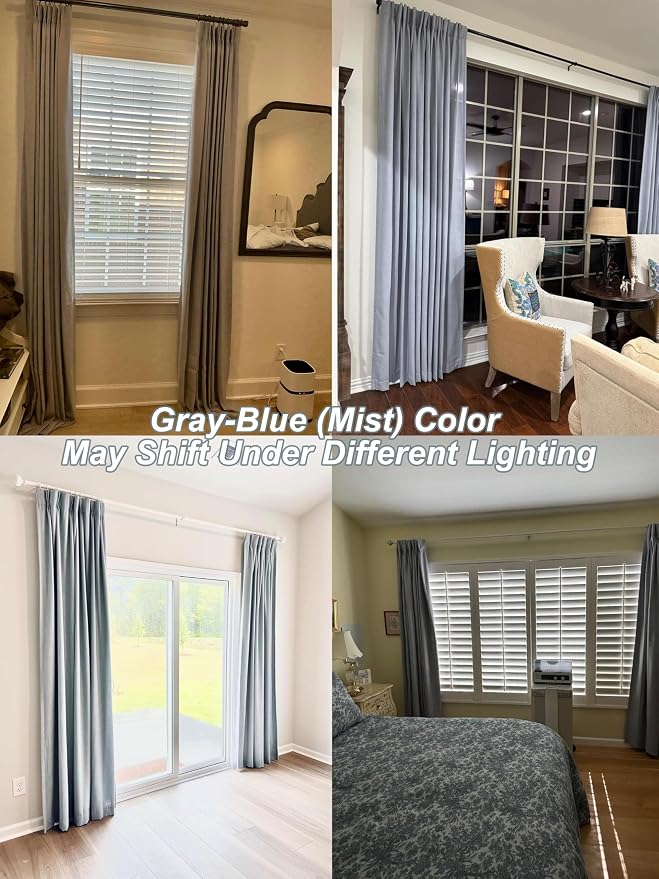 Vision Home Blue Gray Pinch Pleated Full Blackout Curtains Linen Blended Room - Image 5