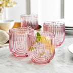 Glaver's Double Old Fashioned Rock Glasses, Set of 4 Blush Pink Whiskey Glasses, 11 oz Art Deco U-Shape Design Embossed Everyday Home Bar Glassware.