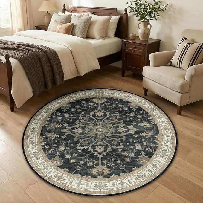 RELEANY Washable Area Rug, Round 4ft, Water Repellent, Pet Friendly, Vintage by RELEANY