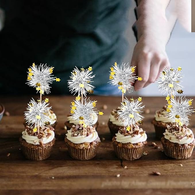 30 PCS Foil Firework Cupcake Toppers Happy Birthday Star Cupcake Picks Sparkle Tinsel Drink Stirrers Cocktail Fruit Toothpicks for Valentine's Day Wedding Birthday Party Decorations Supplies Silver