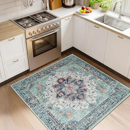 RELEANY Washable Area Rug, Square 4'x4', Teal Green/White/Navy | Non-Slip by RELEANY
