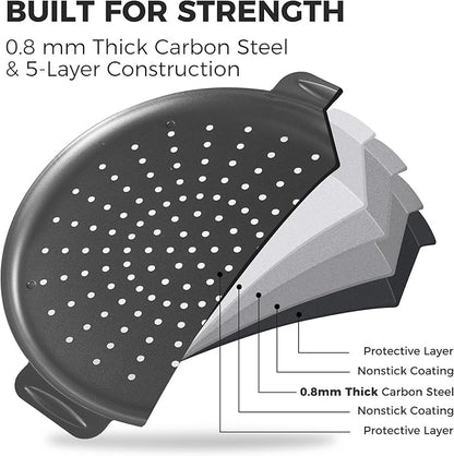 HONGBAKE 2 Pack Pizza Pan 14 Inch with Holes, Rust-Free Nonstick Pizza Pan for Oven, 0.8mm Carbon Steel Perforated Pizza Tray with Wider Handles, Round Baking Sheet for Frozen & Homemade Pizza, Grey