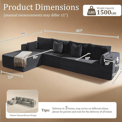 138" Oversized Cloud Sectional Couch, Comfort L Shaped Boneless Couch - Image 2