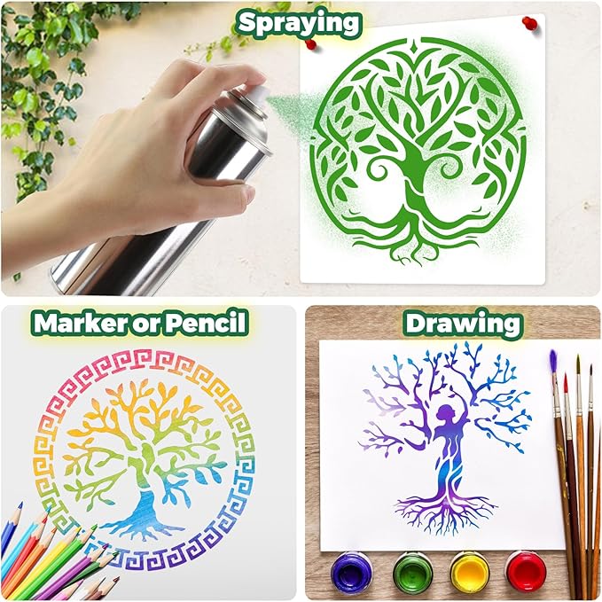 Yazhiji 15Pcs 6 x 6 Inch Tree of Life Stencil, Reusable Stencils for Painting on Wood Decoration Painting Templates for Wall Floor DIY Decorations Christmas Gifts for Kids