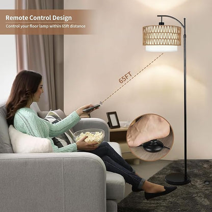 ZECOXOL Arc Floor Lamp with Table and Shelves, Rattan Boho Floor Lamp with - Image 4