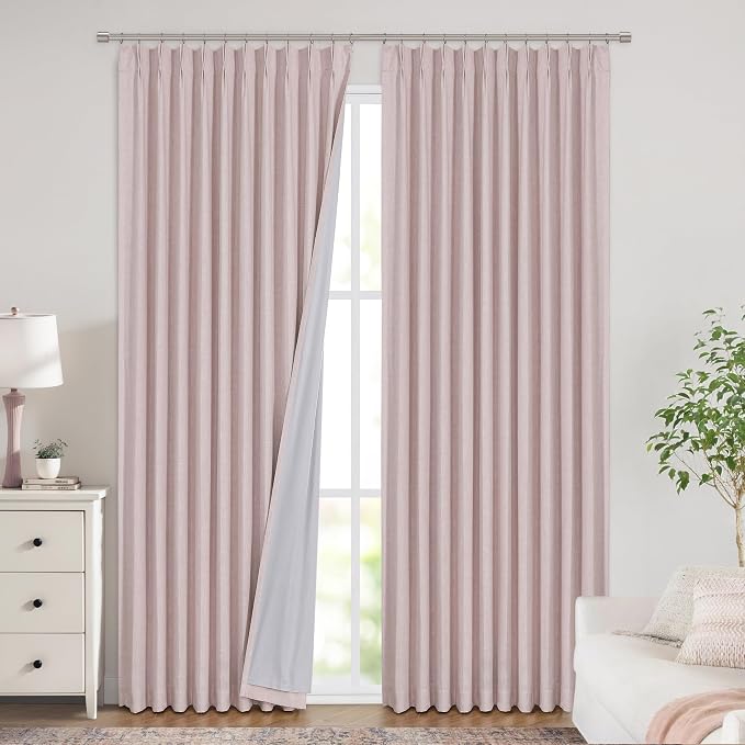 Vision Home Soft Pink Pinch Pleated Full Blackout Curtains Linen Blended Room - Image 7