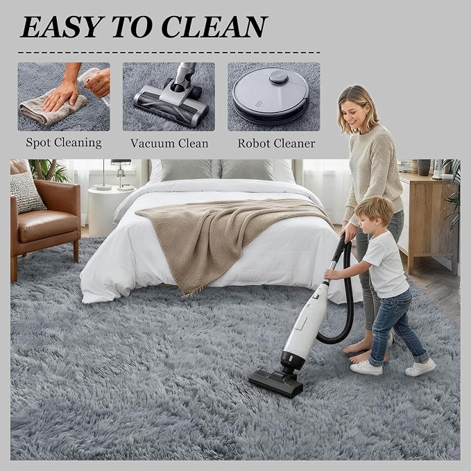 Area Rug Living Room Bedroom: 5x7 Fluffy Plush Shag Carpet Gray | - Image 8