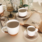 Mora Ceramic Mini Espresso Cups Set of 4, 3oz - Tiny Italian Inspired Mugs With Saucers For Small Shots of Coffee - Modern Boho Style For Any Kitchen or Cafe. Microwave Safe Porcelain - Vanilla White