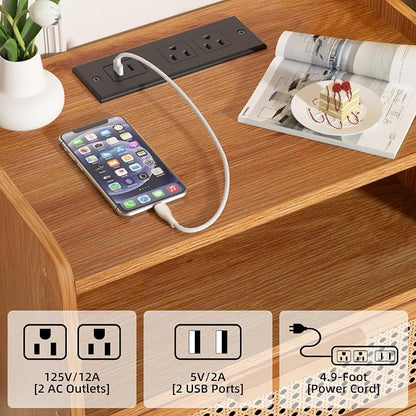 Lerliuo Rattan Nightstand with Charging Station, Side Table with Drawer - Image 7