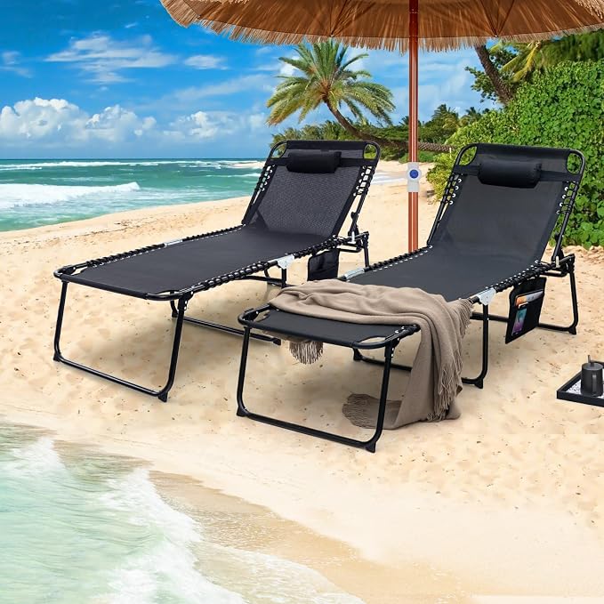 GYMAX Lounge Chair for Outside, 440lbs 27” Oversize Folding Beach Tanning - Image 2