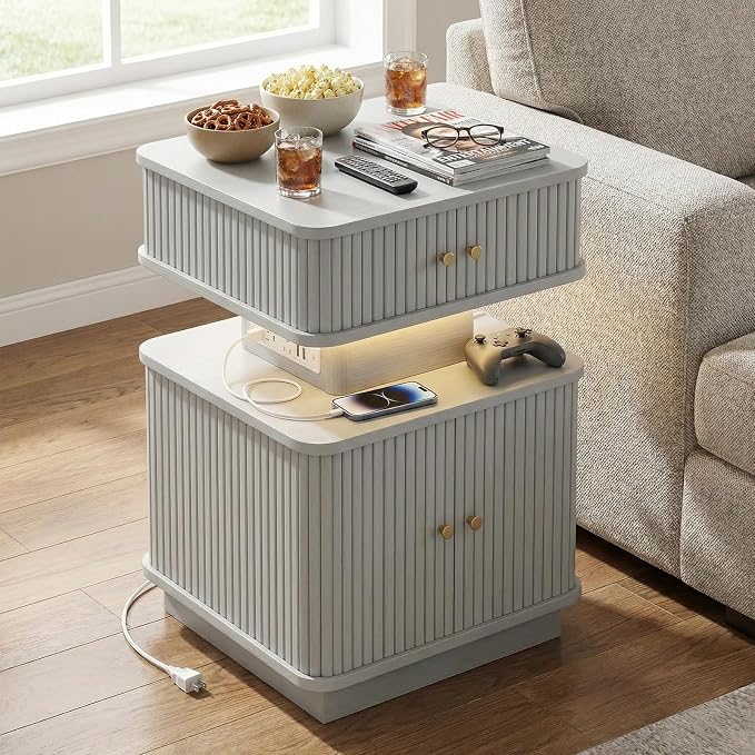 Nightstand with Charging Station, Modern Night Stand with Smart Led Light and 2 - Image 6