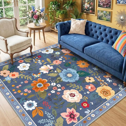 RELEANY Floral Washable Square 4ft Area Rug Blue/Grey | Flower Carpet Print - Image 6