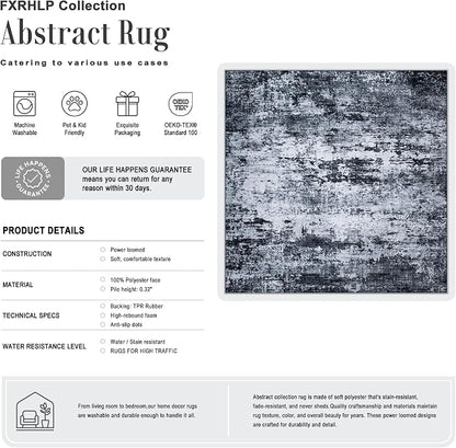 Area Rug Living Room: 8x8 Modern Washable Indoor Carpet Black | - Image 2